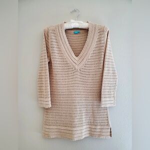 J. McLaughlin Open Knit Crochet Sweater V Neck Tan Women’s Pullover Size S